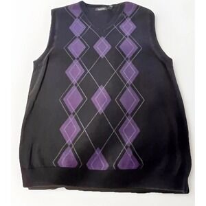 Claiborne Men's Black Gray Purple Argyle Print Sweater Vest Size Large L Cotton